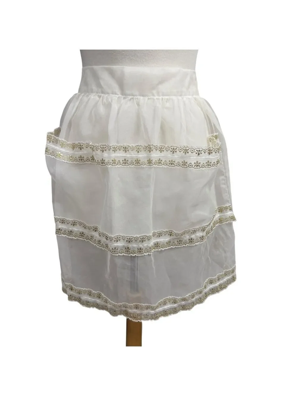 Vintage Handmade Apron One Size White with Gold Trim